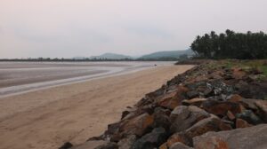 The pristine stretch of sandy beach.