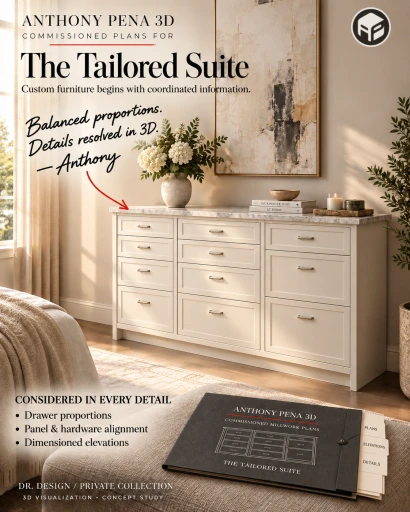 Concept bedroom dresser with three drawer stacks and a stone-patterned top.