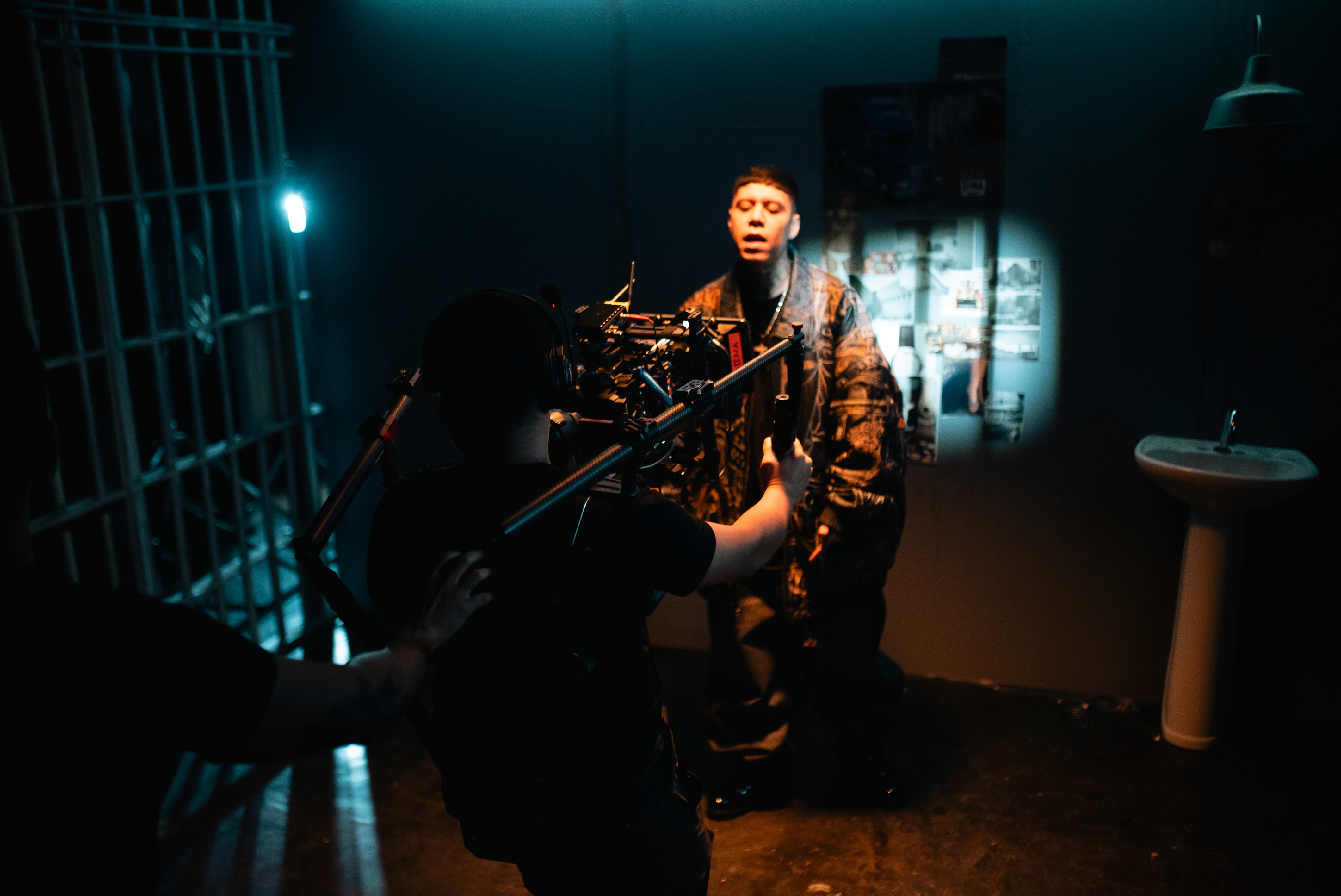 Director of Photography Mike Bautista on the set of "Perro Lobo," applying the Antimateria Visual Bible where light is narrative and shadows contain information.