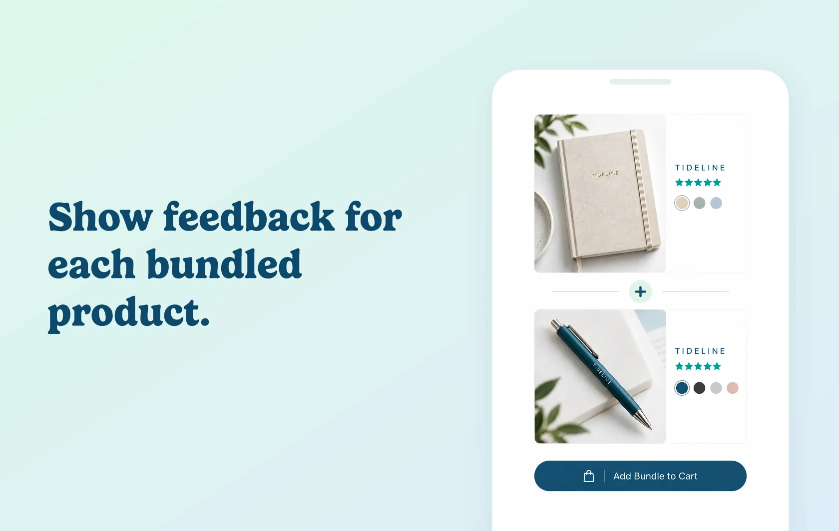 Judge.me and MBC Bundles integration: illustration of a notebook-and-pen bundle showing a separate star rating for each product.