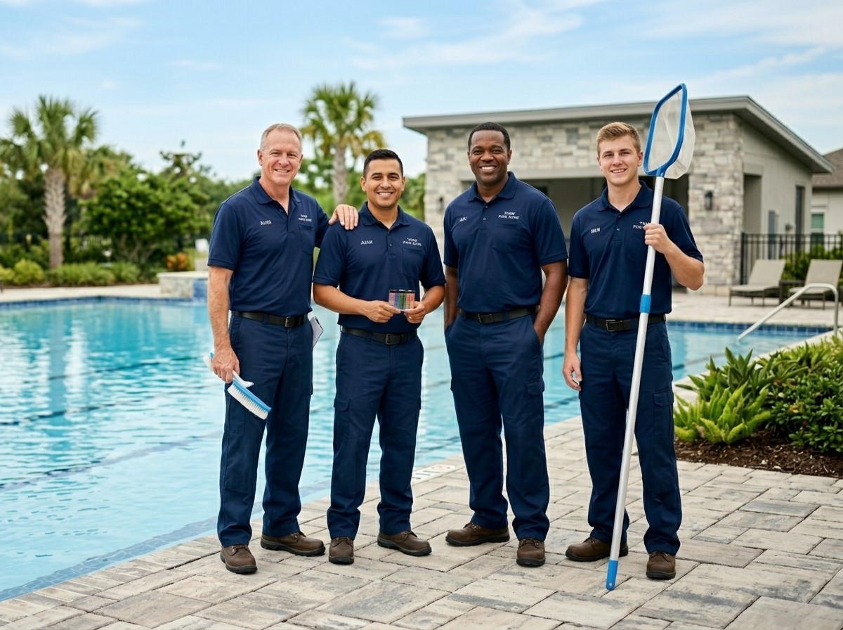 Pool care professional cleaning a large commercial swimming pool