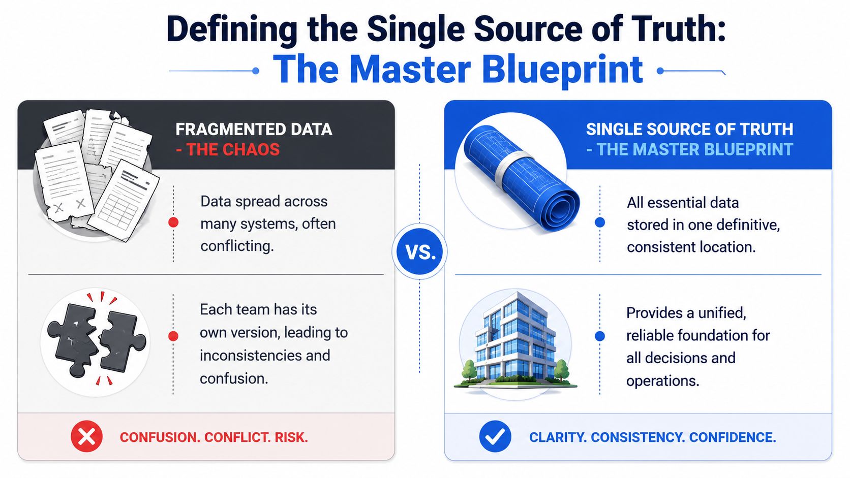 A comparison chart showing Fragmented Data as chaos versus Single Source of Truth as a Master Blueprint.
