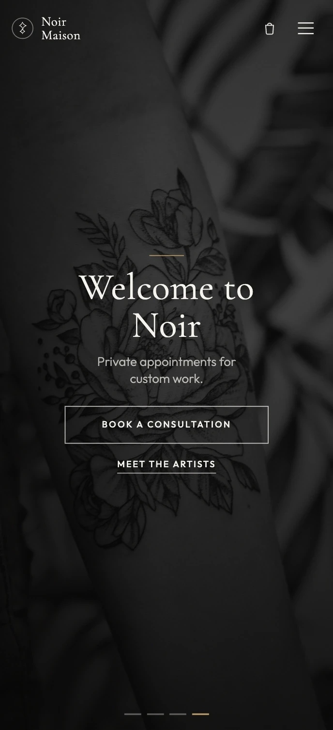 Mobile view of Noir Maison tattoo studio website with a dark luxury design.