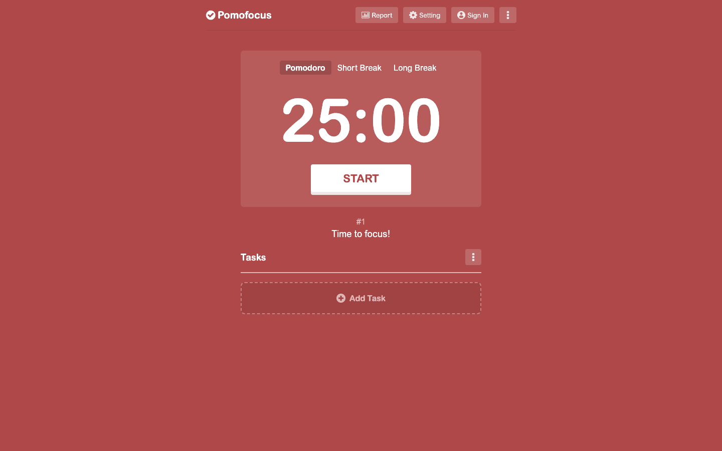 Pomofocus web app showing the 25-minute Pomodoro timer and task list