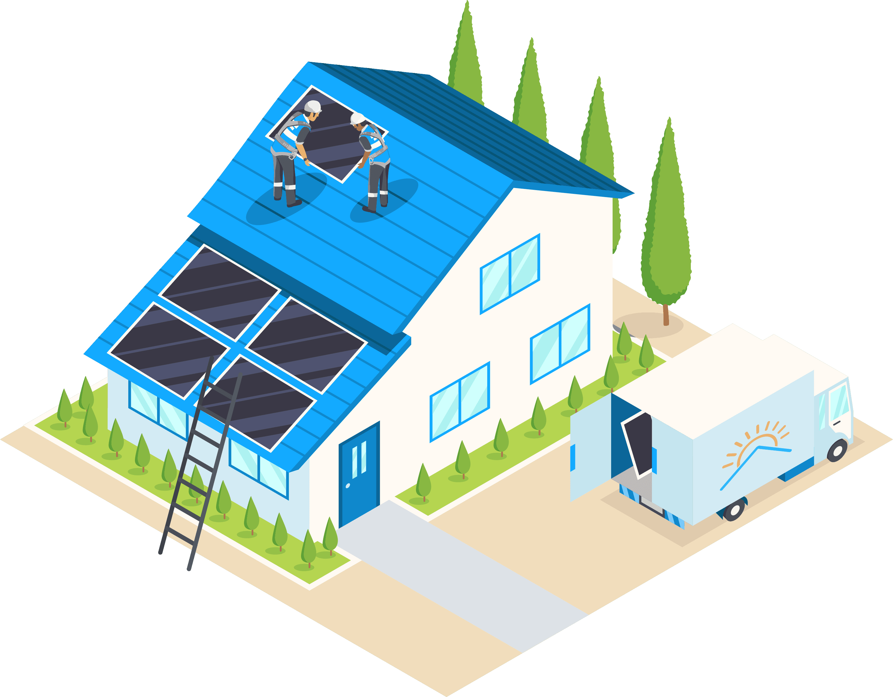 An image of a house with a team of installers fitting solar panels