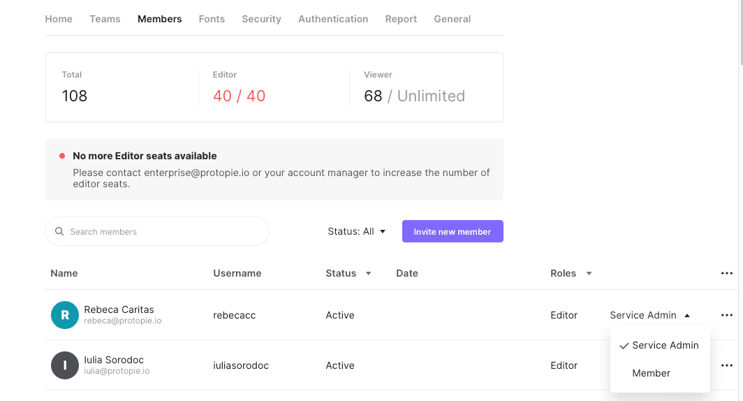 {'_type': 'localeString', 'en': 'Assigning the service admin role in ProtoPie Enterprise '}