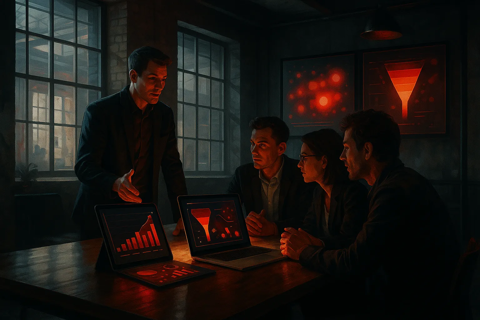 Team at RockN' Socials digital marketing agency discussing analytics.