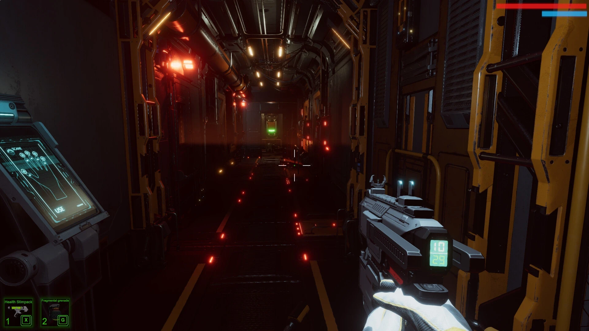 A first-person view in a dimly lit sci-fi corridor showcases a futuristic weapon held by a character, surrounded by glowing red and yellow lights with digital screens and metallic textures, capturing a tense, immersive atmosphere.