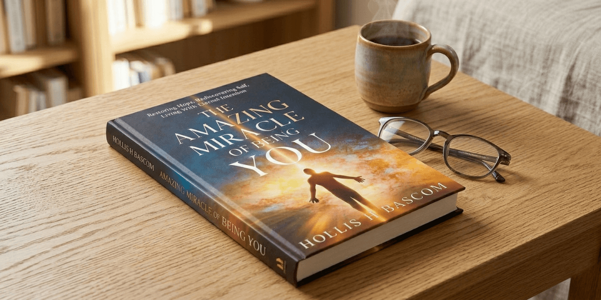 A book titled "The Amazing Miracle of Being You" on a wooden table, beside a coffee mug and reading glasses, conveys a peaceful, reflective mood.