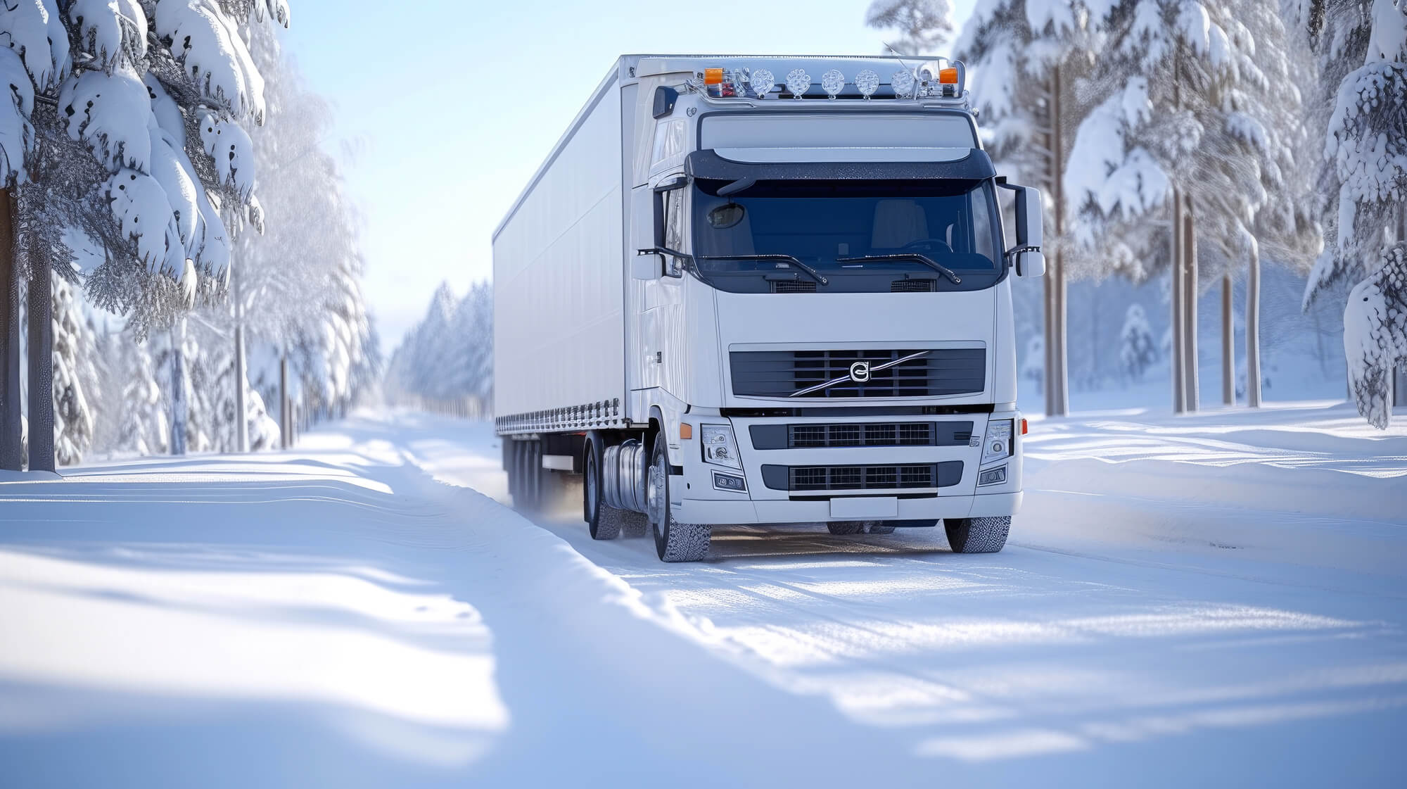 Refrigerated truck transporting meat through snowy forest – cold chain logistics