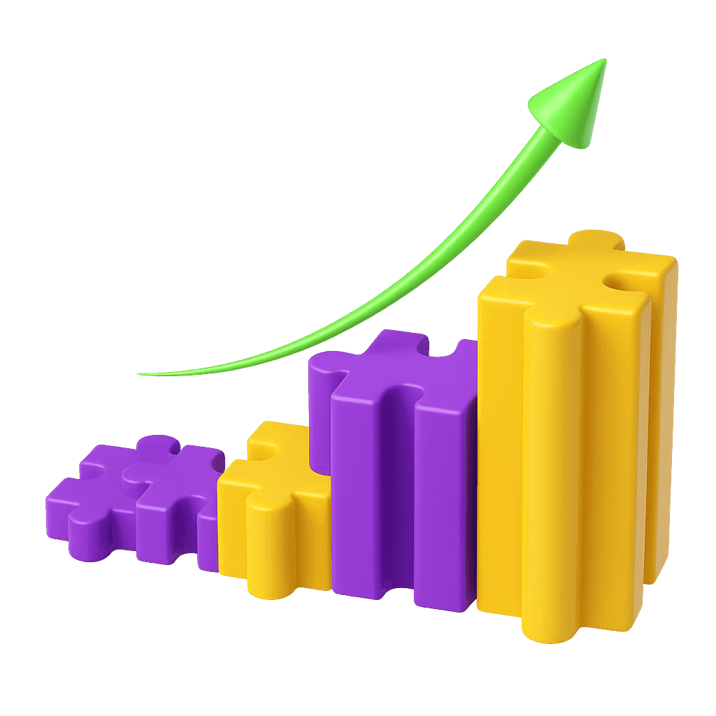 Bar chart with ascending bars in purple, yellow, and green, indicating growth or increase in values.