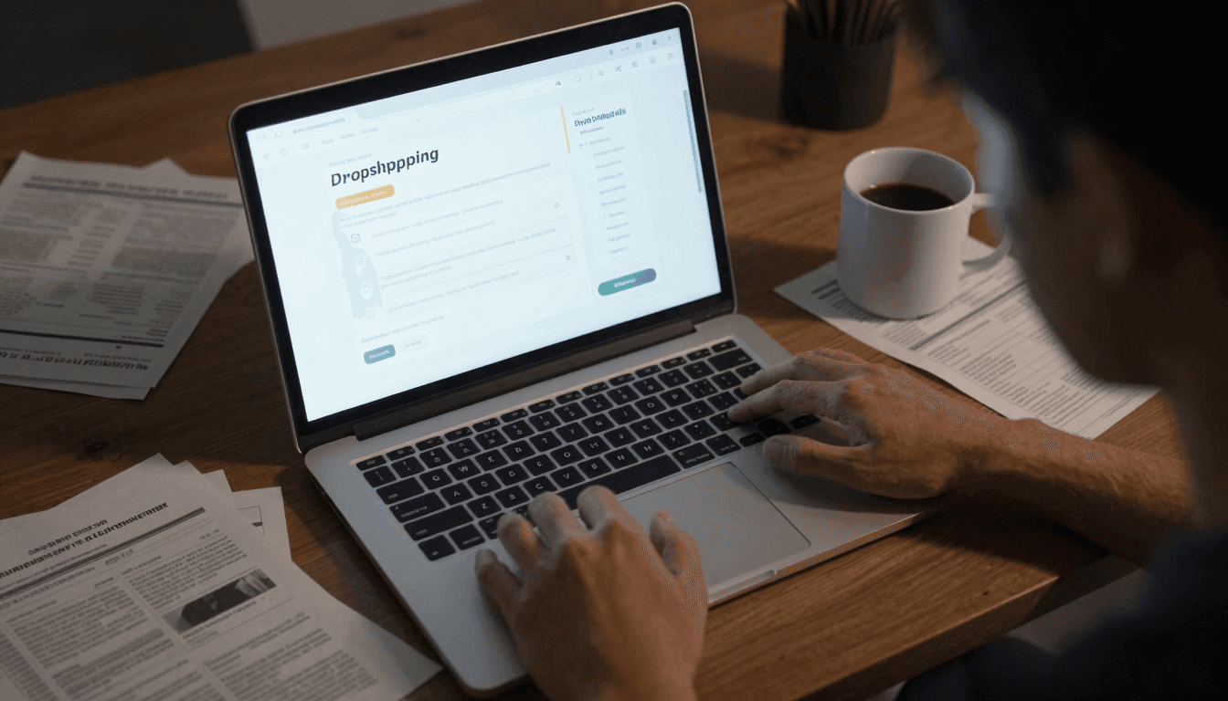 Frustrated person looking at laptop with scattered papers