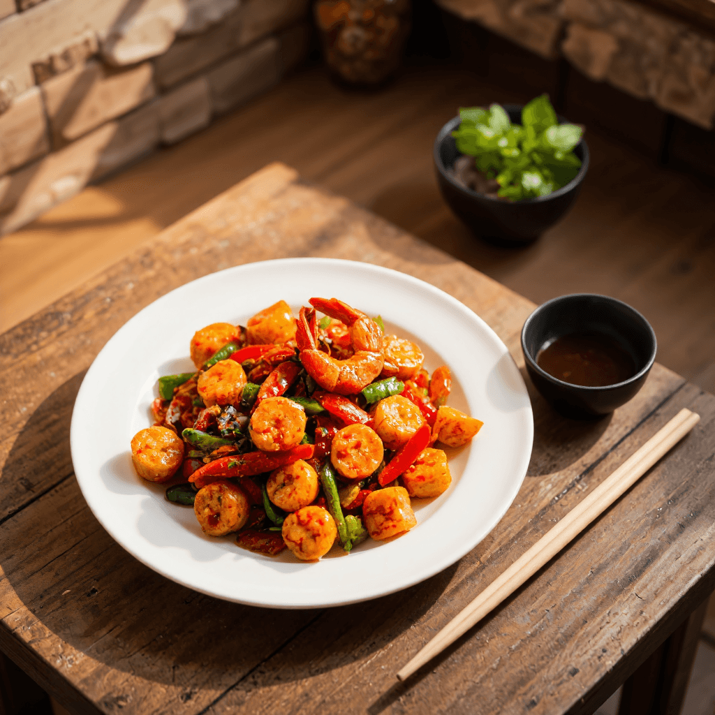 product photography of a plate of spicy marinated seafood and vegetables
