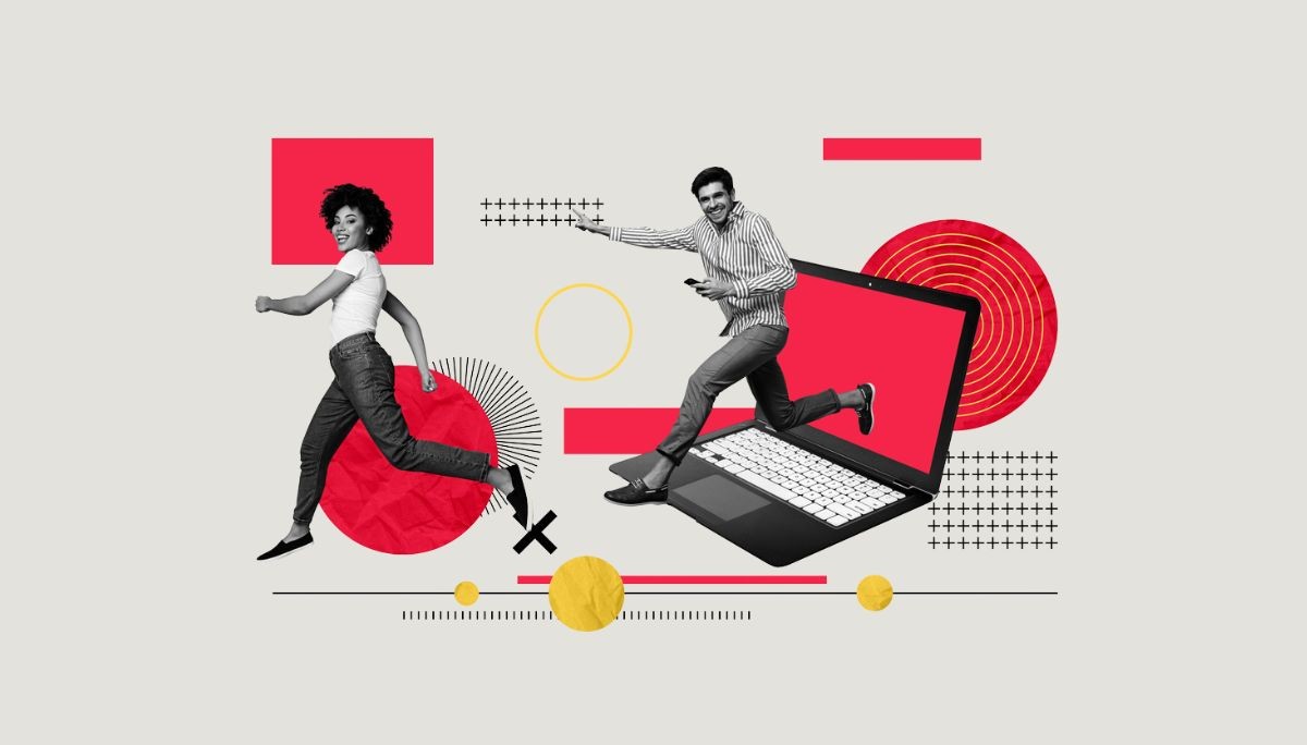 Stylized collage of two people collaborating across physical and digital spaces, symbolizing pair programming.