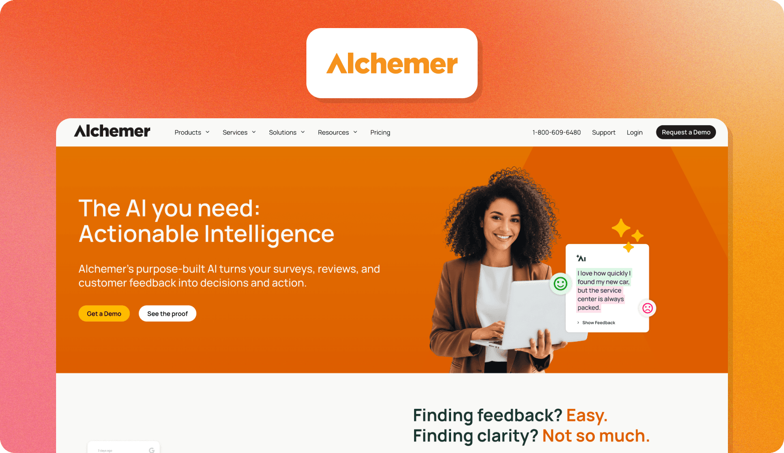 Alchemer homepage screenshot showing the tagline "The AI you need: Actionable Intelligence."