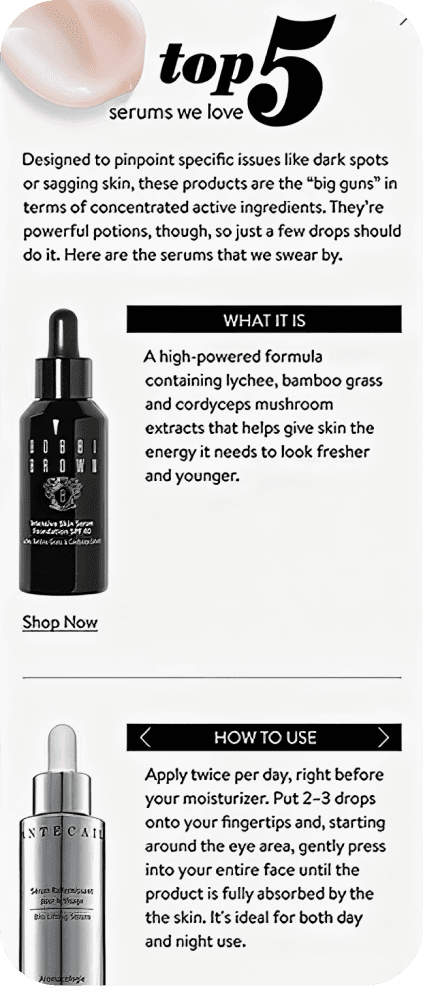 Nordstrom's top 5 anti-aging serums featuring Fenty Beauty and Chantecaille products with usage instructions