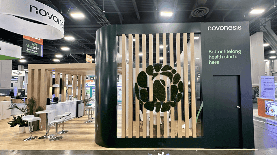 Food and beverage trade show booth layout with tasting flow, product display zones, meeting space, storage, and show-site setup