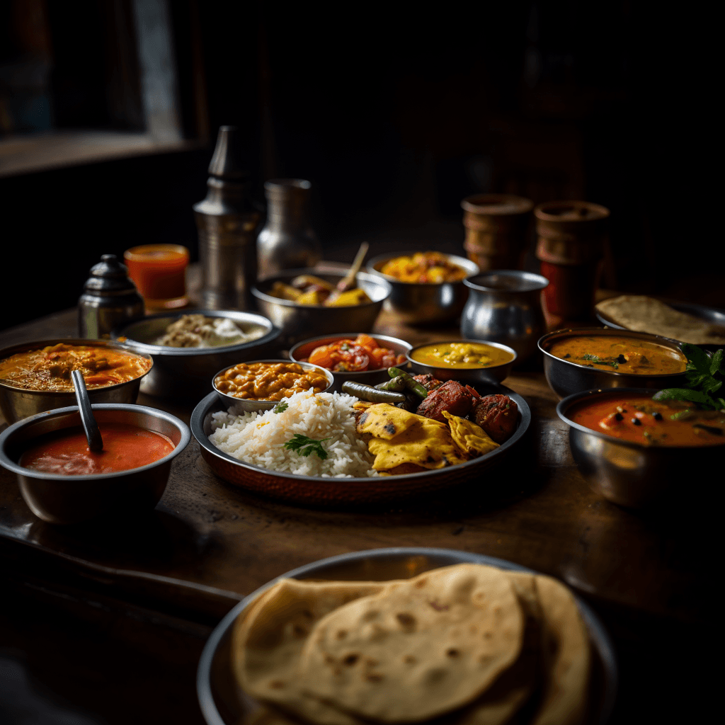 A rich spread of various Indian dishes, including curries, bread, and sides, presented on a wooden table.