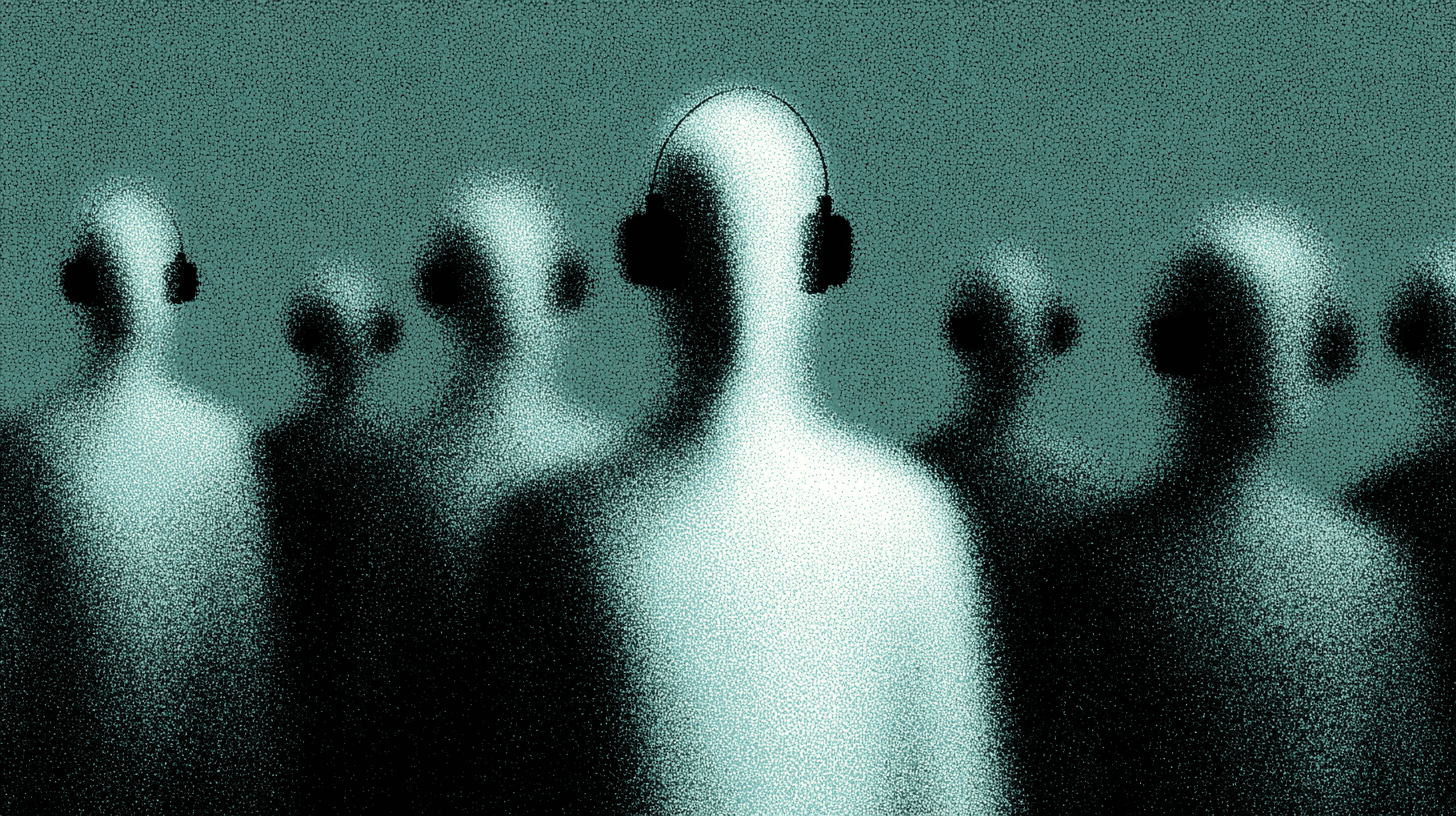 Abstract glowing figures with headsets representing AI voice agents or automatic speech recognition in a call center environment