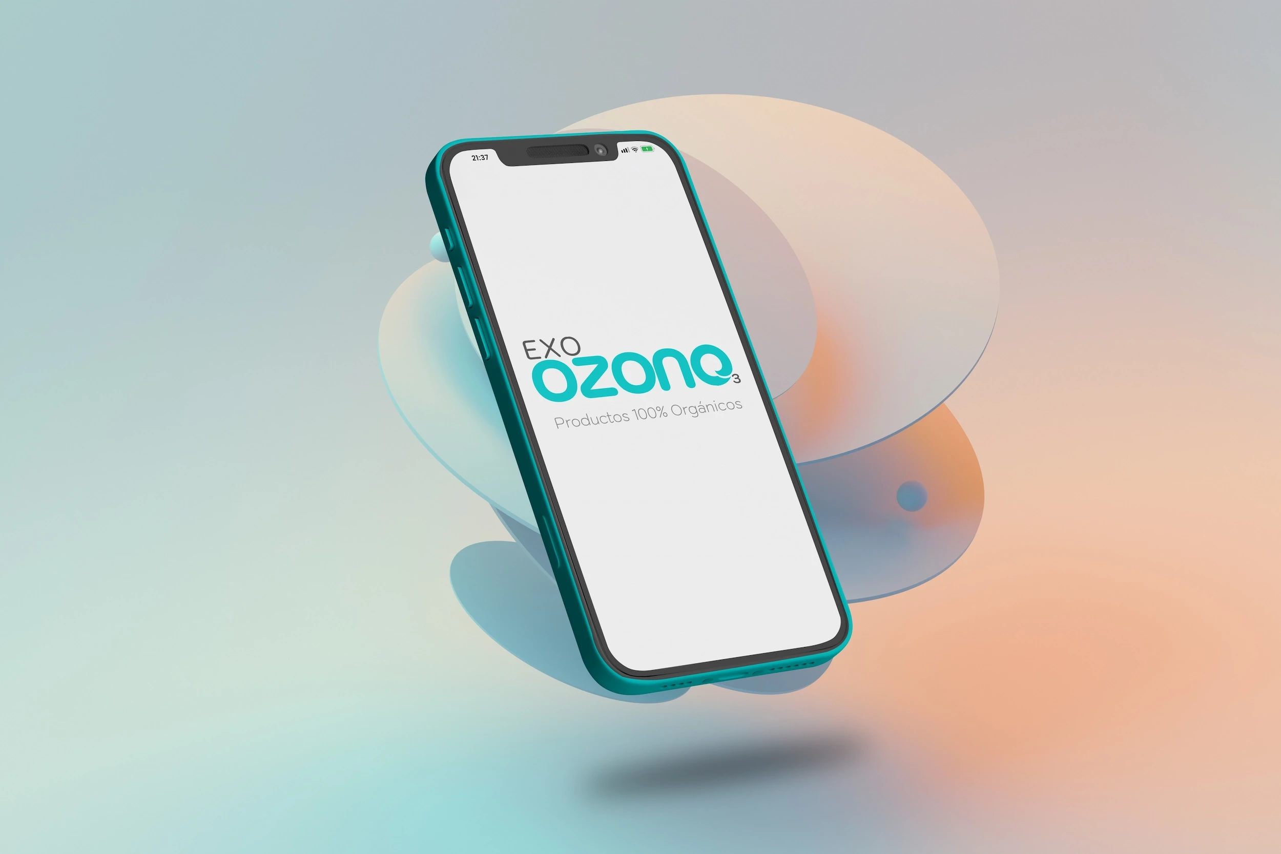 Mockup del sitio web de comercio electrónico para Exo Ozono que muestra una pantalla de inicio con el logotipo verde de la marca sobre un fondo blanco limpio.