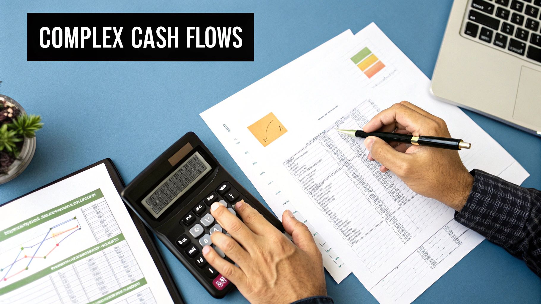 A flowchart diagram showing multiple cash inflows and outflows over time, leading to a final return calculation.
