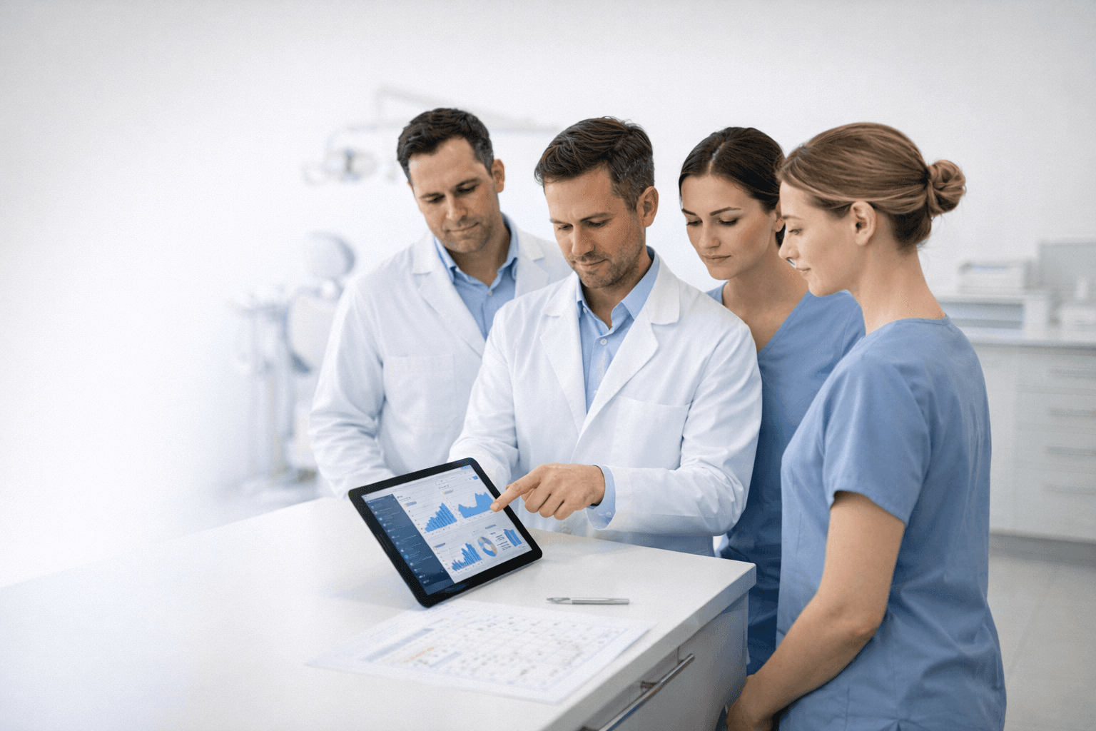 equipe analisando métricas na clínica odontológica