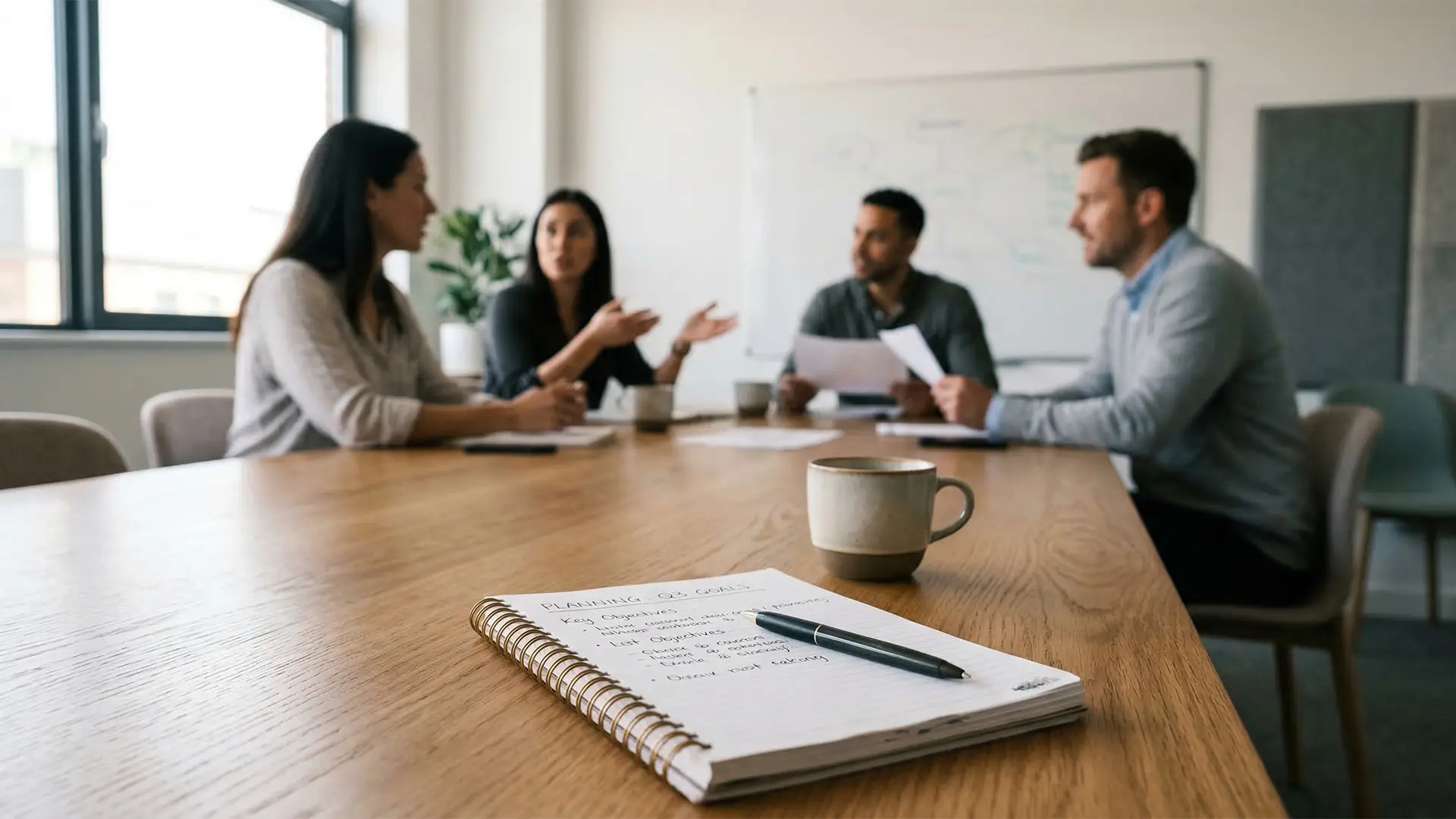 Notebook with handwritten notes on a meeting table in sharp focus, with a team of colleagues softly blurred in the background discussing ideas in a modern office setting