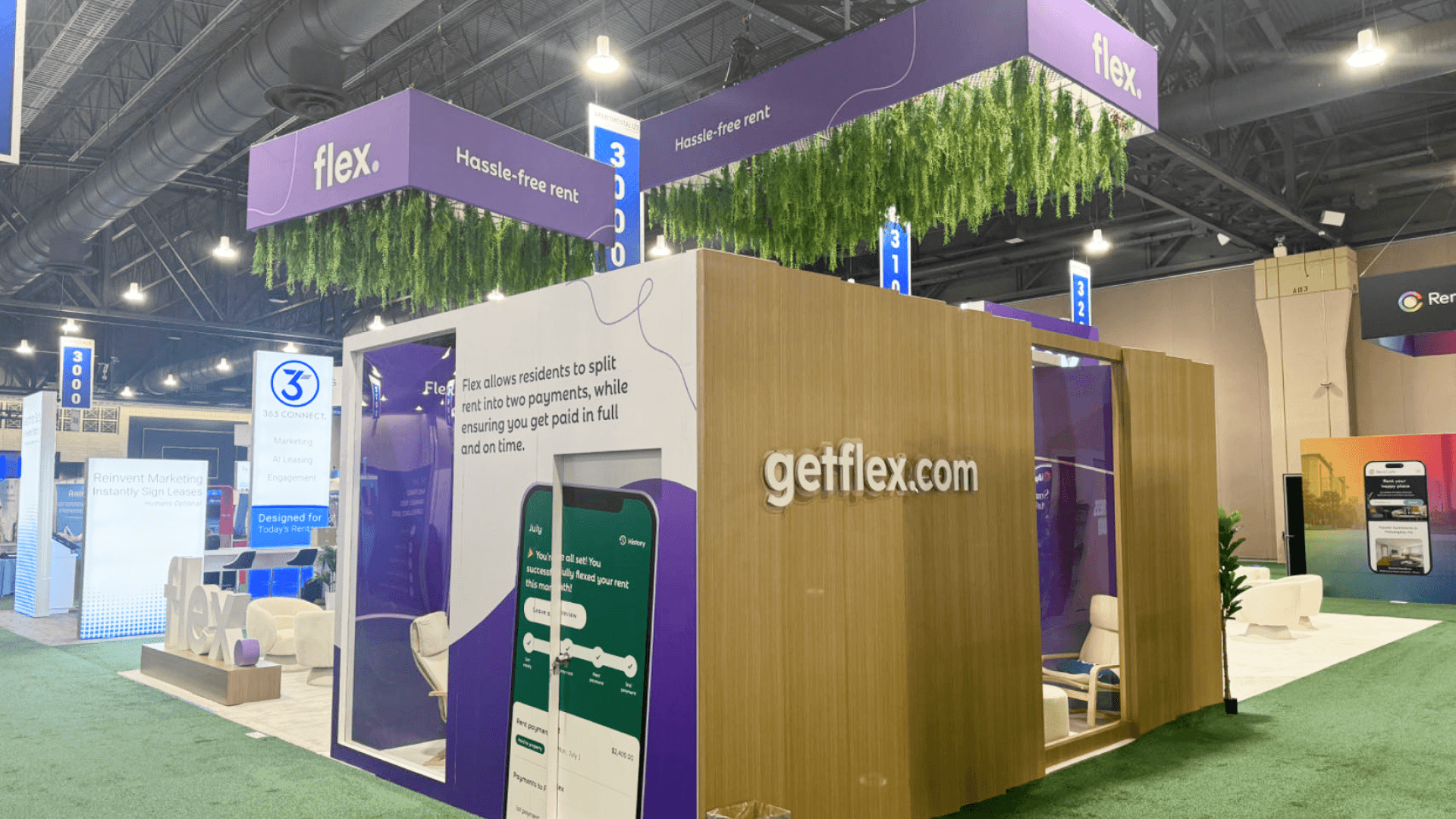 Golf trade show booth with concealed storage, replenishment access, and a clear staff route behind the product display