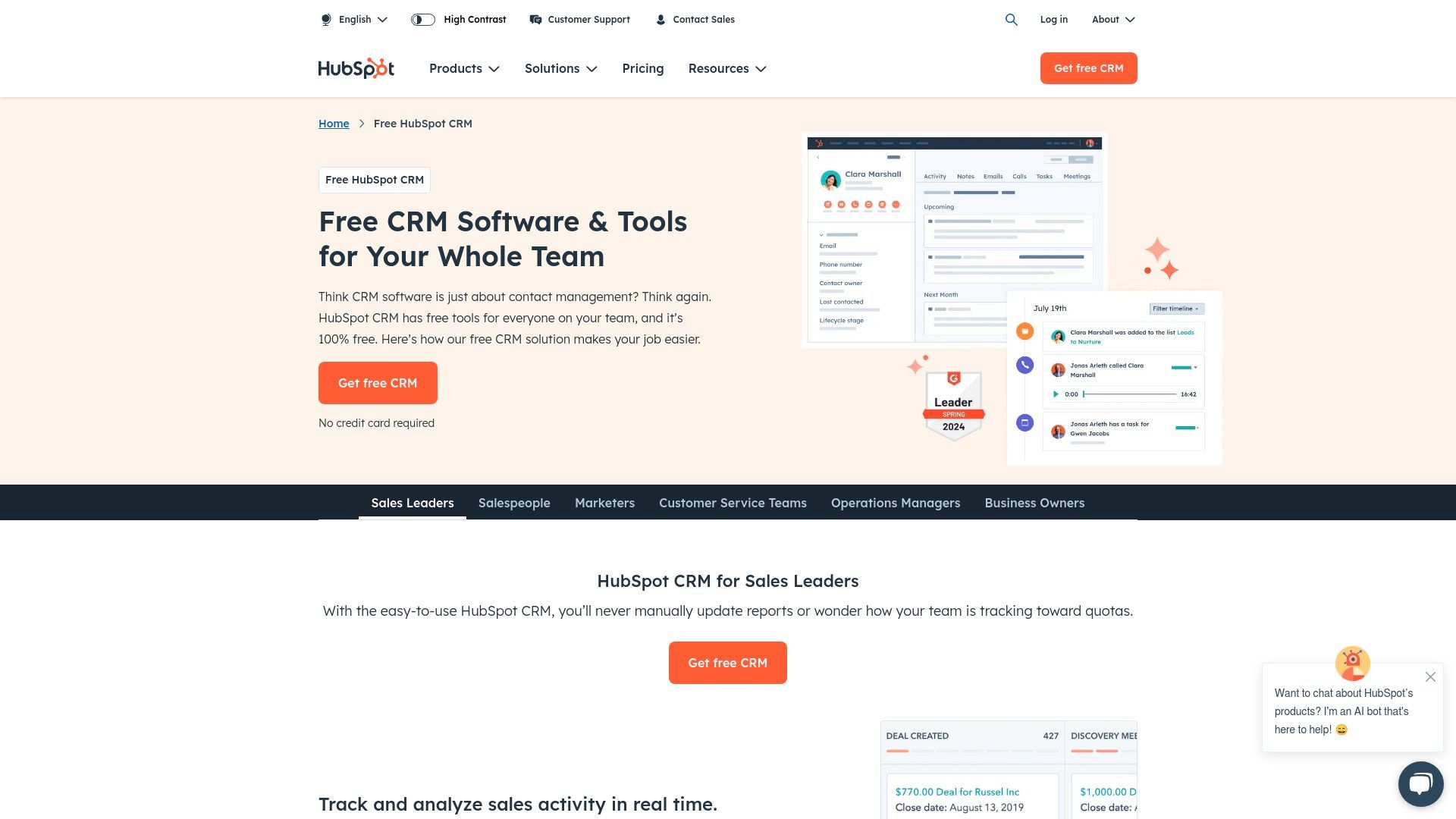 A modern, white-background website showcasing the HubSpot CRM platform. The main hero section features the heading 'Free CRM Software & Tools for Your Whole Team’ alongside a screenshot of the CRM dashboard interface. The dashboard shows a clean layout with contact records, deal pipelines, and activity feeds. Below are colorful feature sections highlighting different aspects of the platform, with product screenshots showing the interface for contacts, email tracking, and meeting scheduling. The design uses HubSpot's signature orange accent color and includes clear call-to-action buttons for 'Get free CRM' and 'Start free or get a demo'.