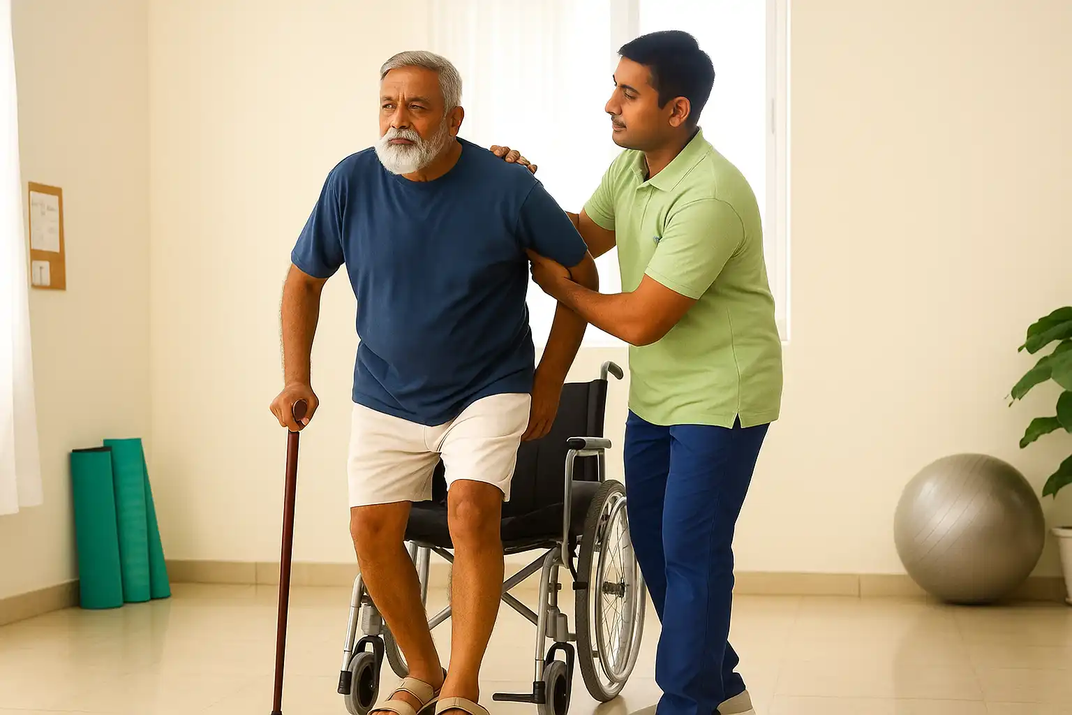 Neuro physiotherapy for mobility recovery as a therapist helps an elderly man stand and walk with support from a cane.