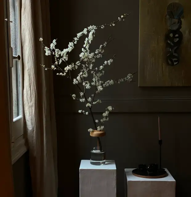 Fotografía de arreglo minimalista con ramas floridas blancas en interior cálido para diseñadores de interiores que buscan inspiración en composiciones botánicas elegantes y naturales