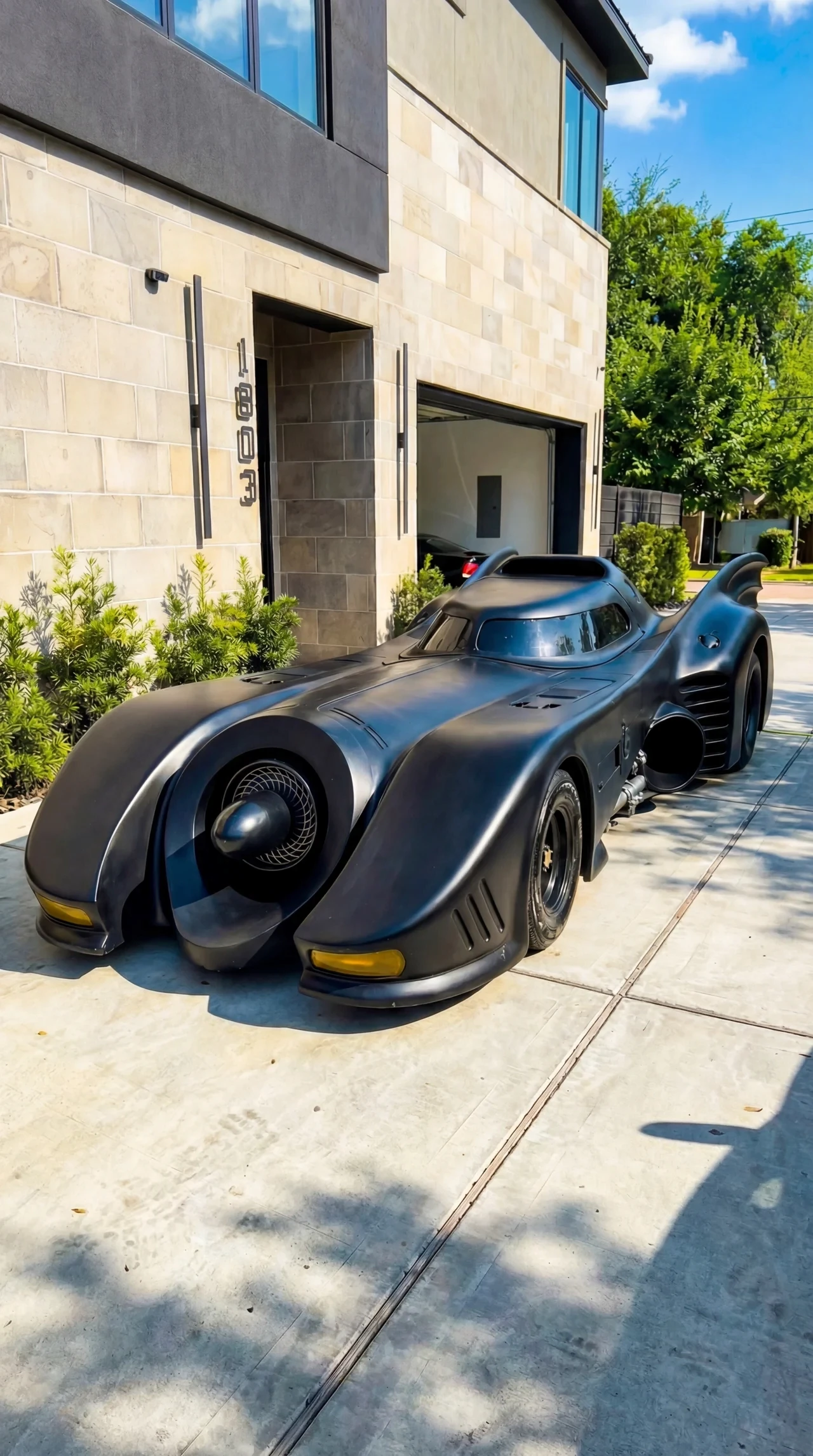 A detailed 1989-style Batmobile replica parked outside a modern home. The image showcases a professional matte black finish restoration and deep-cleaned jet turbine intake, demonstrating specialty vehicle detailing services.