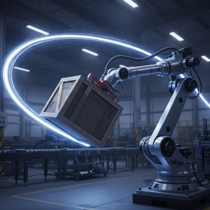 An industrial robot moves a box through a warehouse, a light trail follows the box's path.