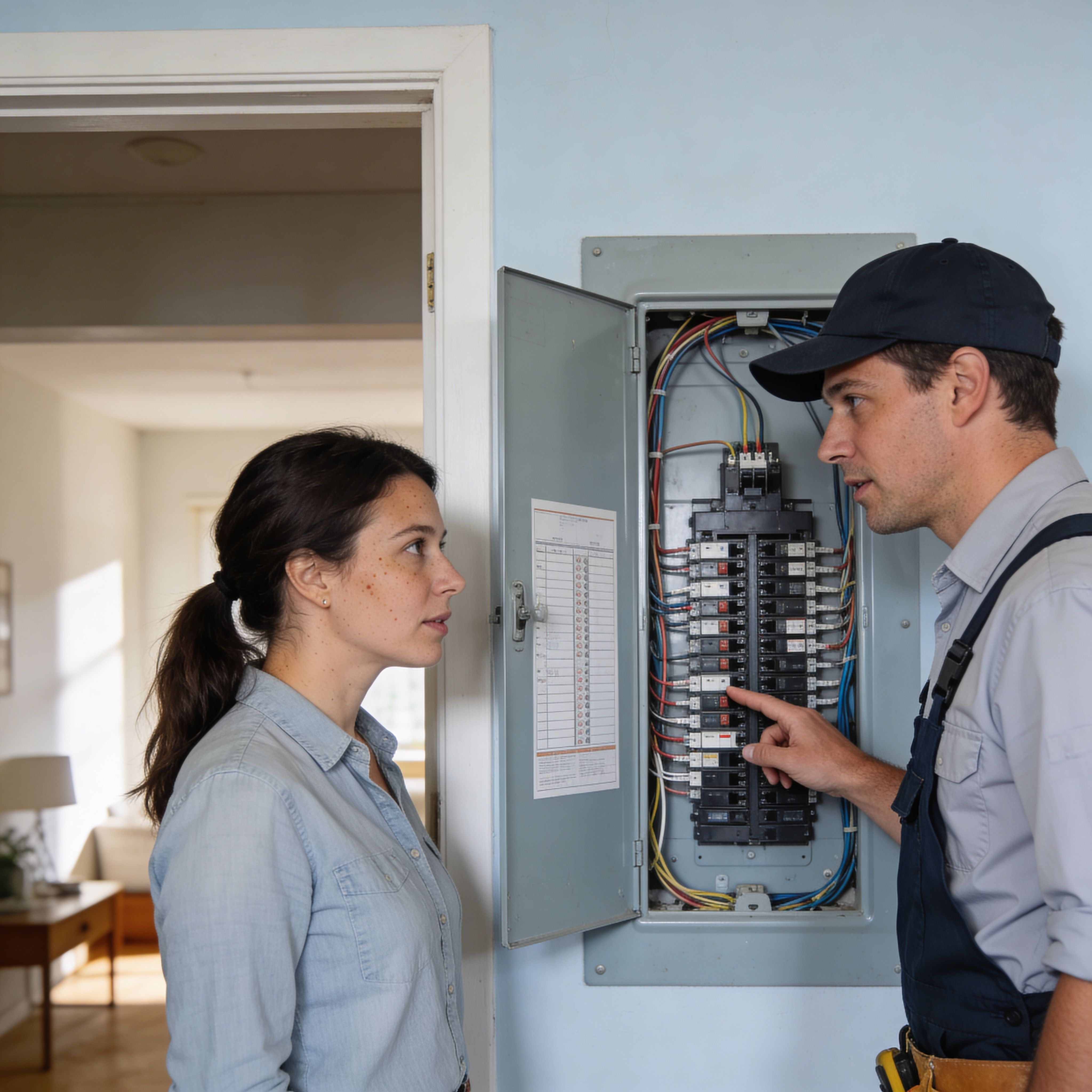 Professional electrician explaining a home electrical breaker panel issue to a homeowner during a residential electrical inspection.