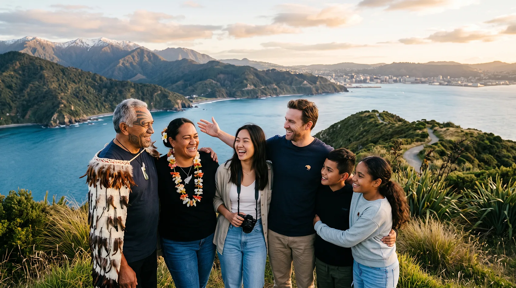 Diverse New Zealand family including Maori elder in feather cloak Pasifika woman Asian tourist on hilltop overlooking Wellington