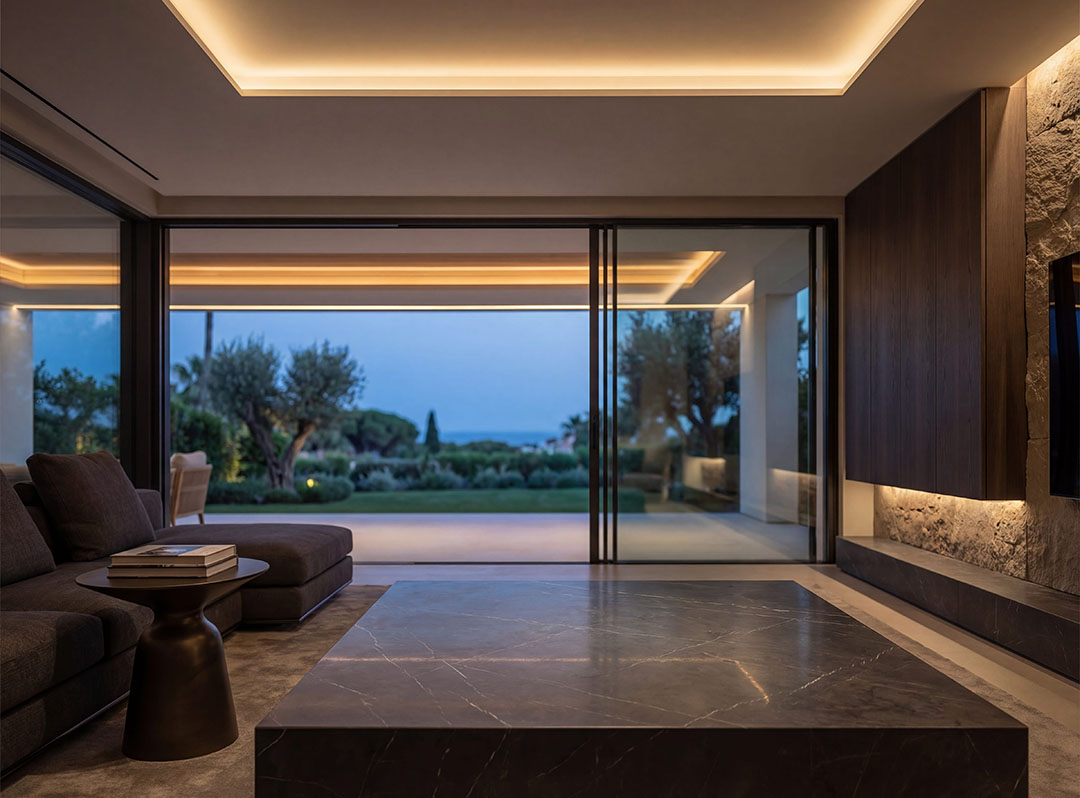 High-end Marbella villa interior with panoramic garden and sea view
