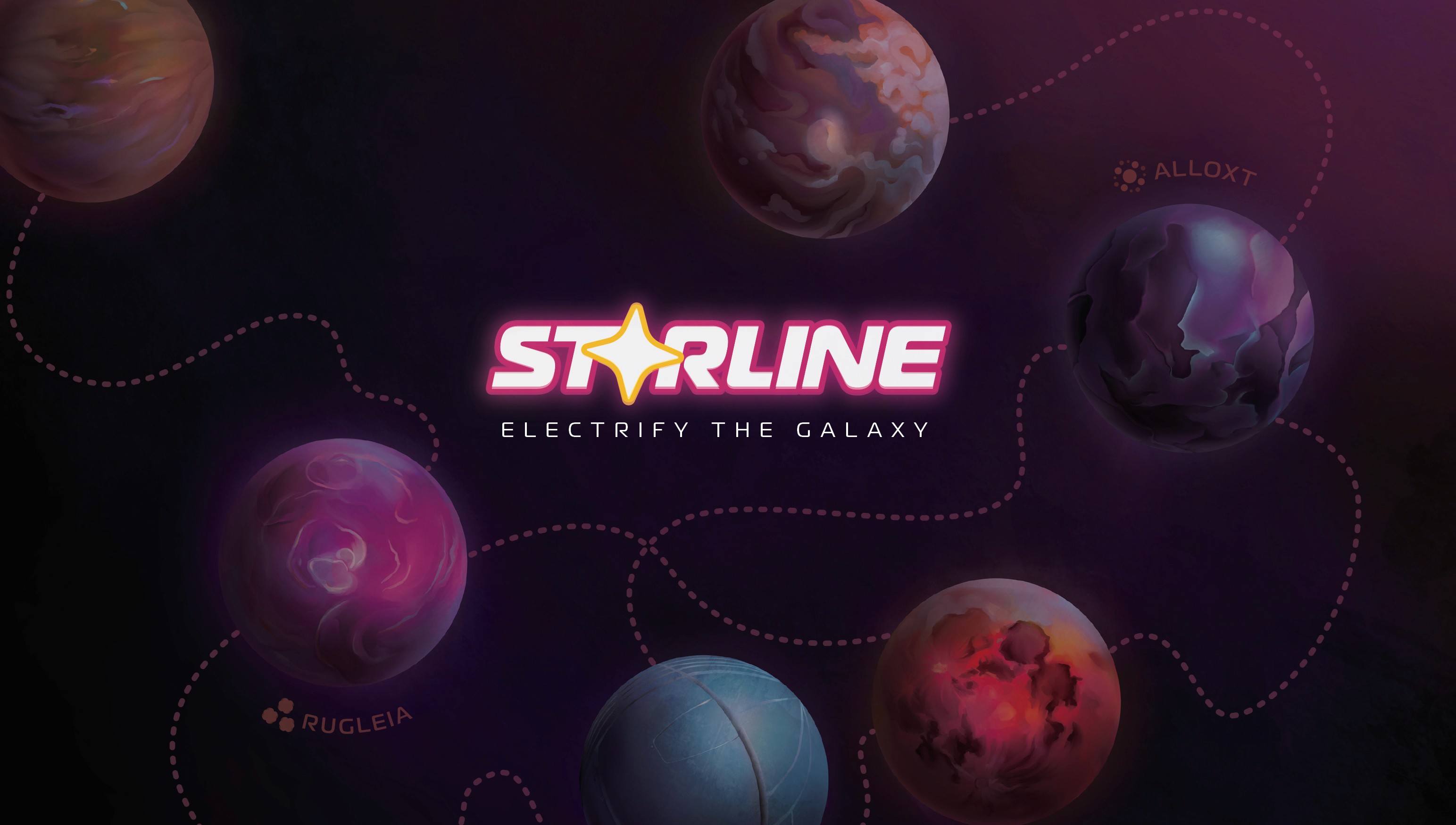 Starline: Electrify the Galaxy! splash screen with fantastical planet illustrations.