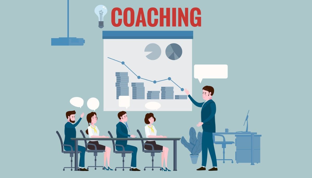 Illustration of a coach presenting charts to a group of professionals in an office, symbolizing leadership coaching, guidance, and professional development.