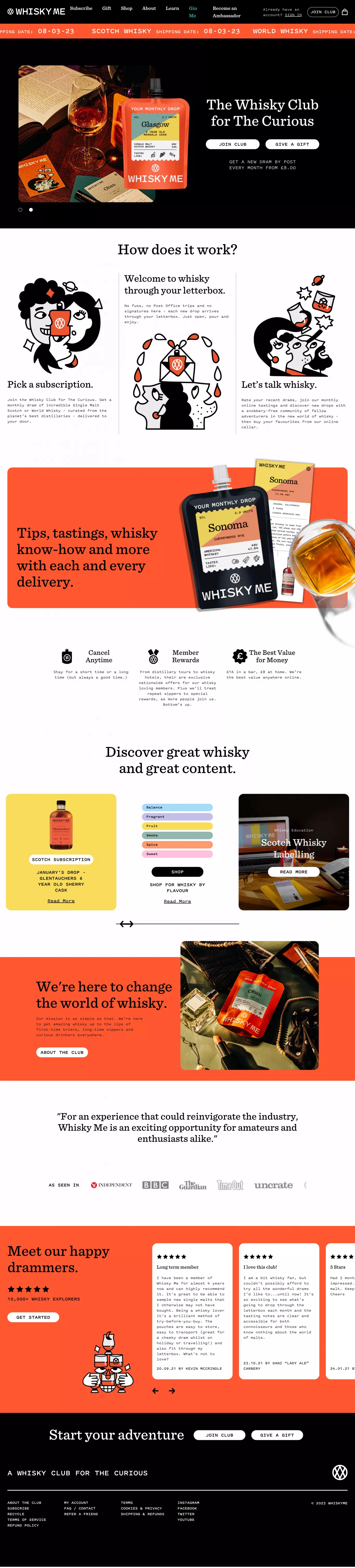 Whisky Me Whisky Club - Monthly Whisky S landing page screenshot showcasing Tech and Food & Drinks design