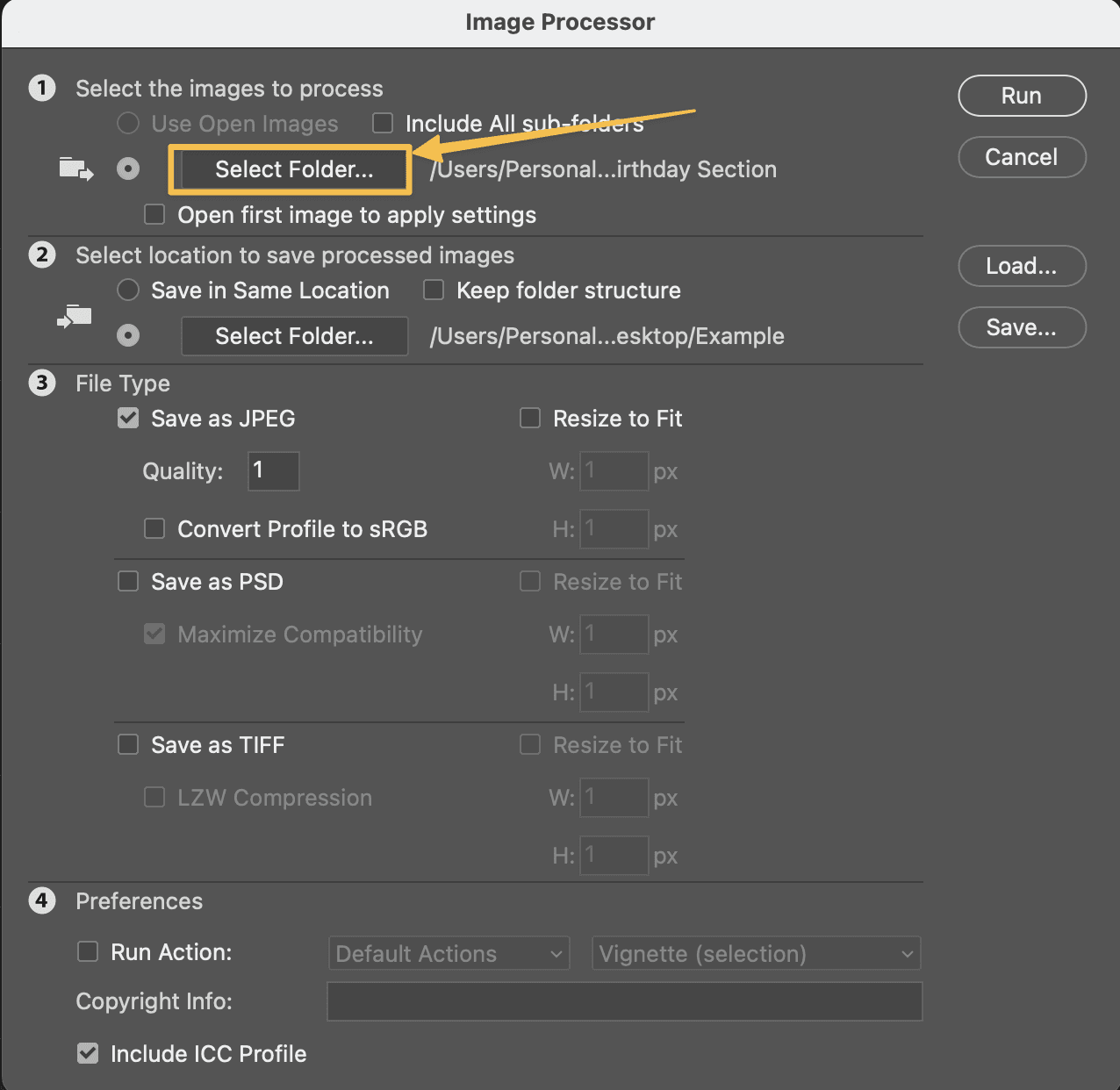 Arrow pointing to "Select Folder" from where the images should be processed