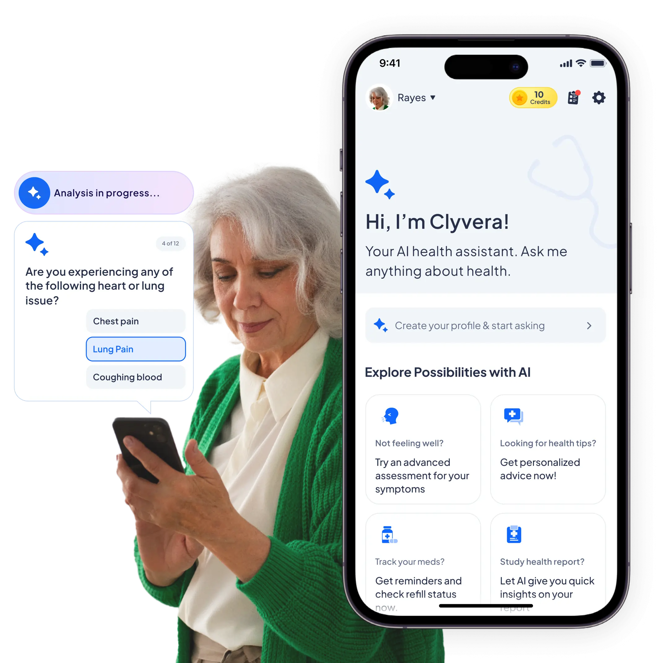 Homepage banner of Clyvera AI health advisor app showing an elderly woman using the app with features like symptom analysis and personalized health insights.
