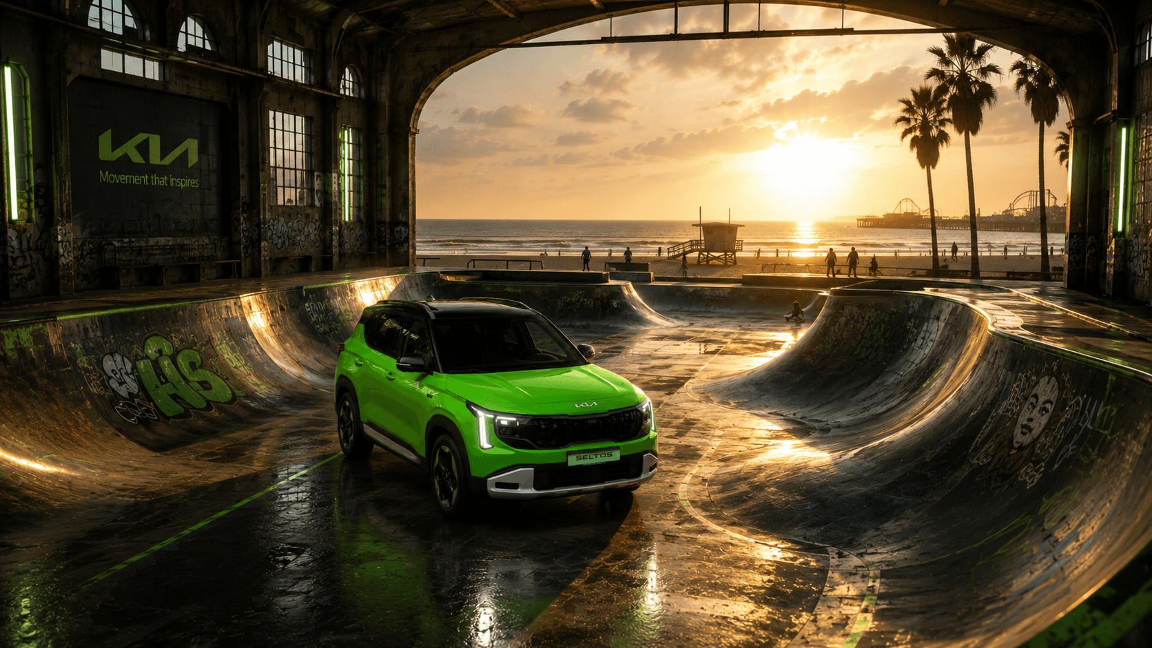 Bright green 2027 Kia Seltos parked on the bottom of an indoor skate park with a Kia advertisement on one wall with another wall opening toward a beach environment