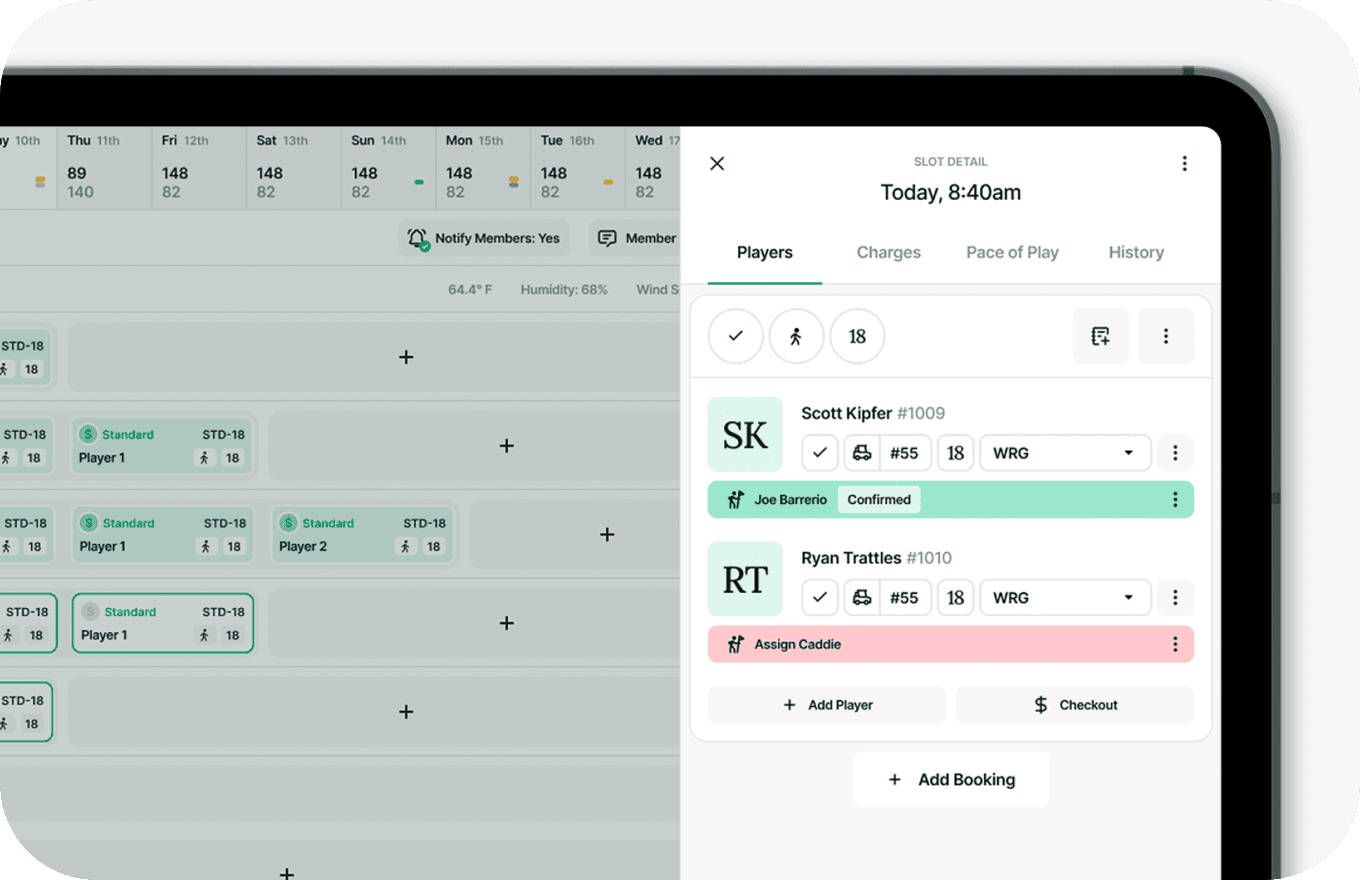 Caddie tracking interface on a tablet for private golf clubs