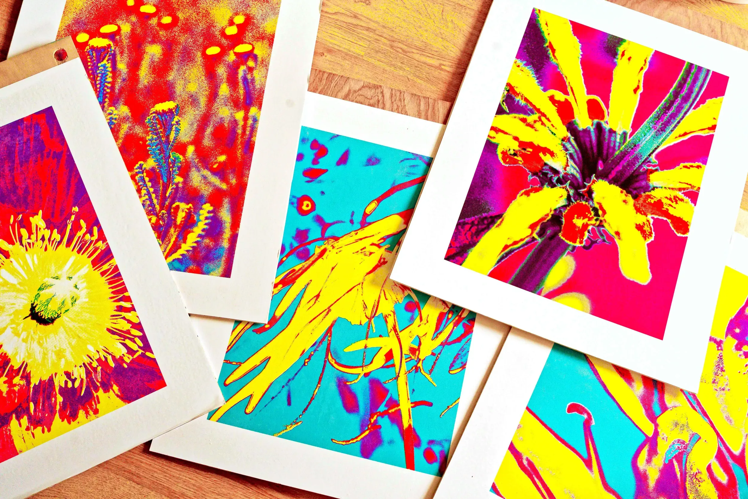 Différentes impressions sérigraphiques de fleurs pour le projet "l'invitation"