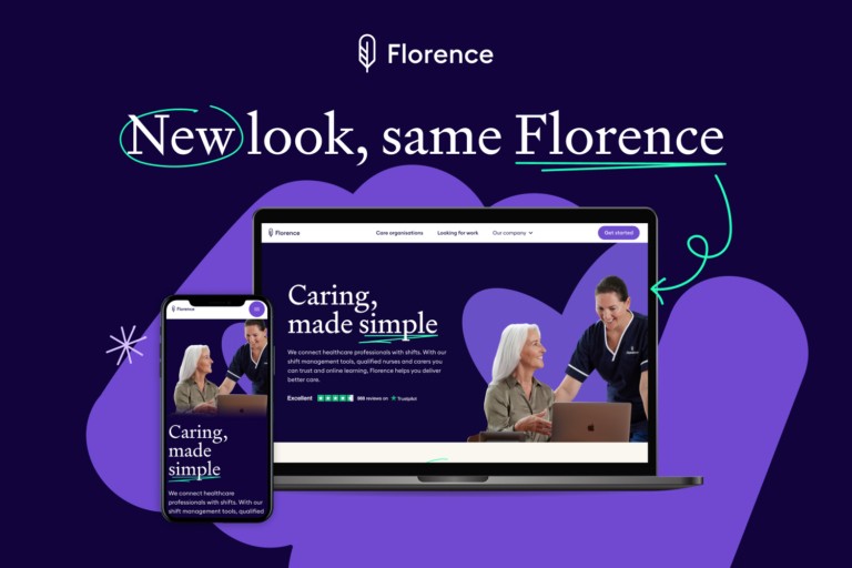 A promotional graphic on a dark purple background showing the Florence website on a laptop and phone with the text "New look, same Florence" and "Caring, made simple"