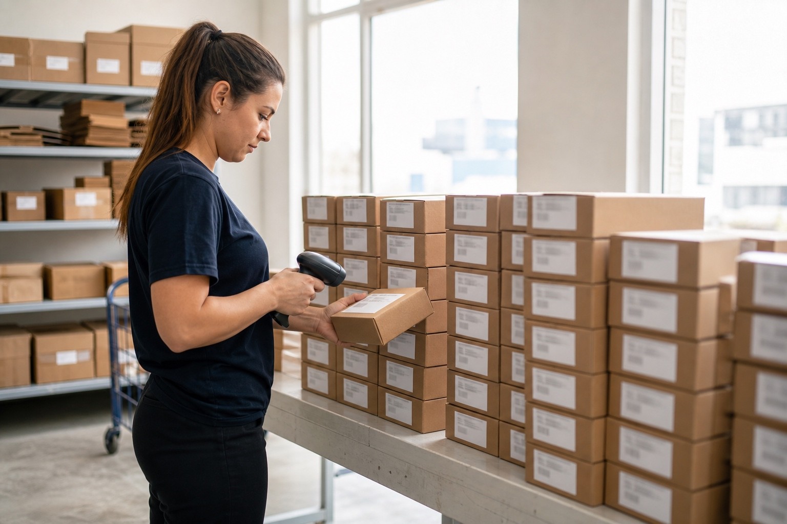 Warehouse worker scanning stacked creator seeding shipments
