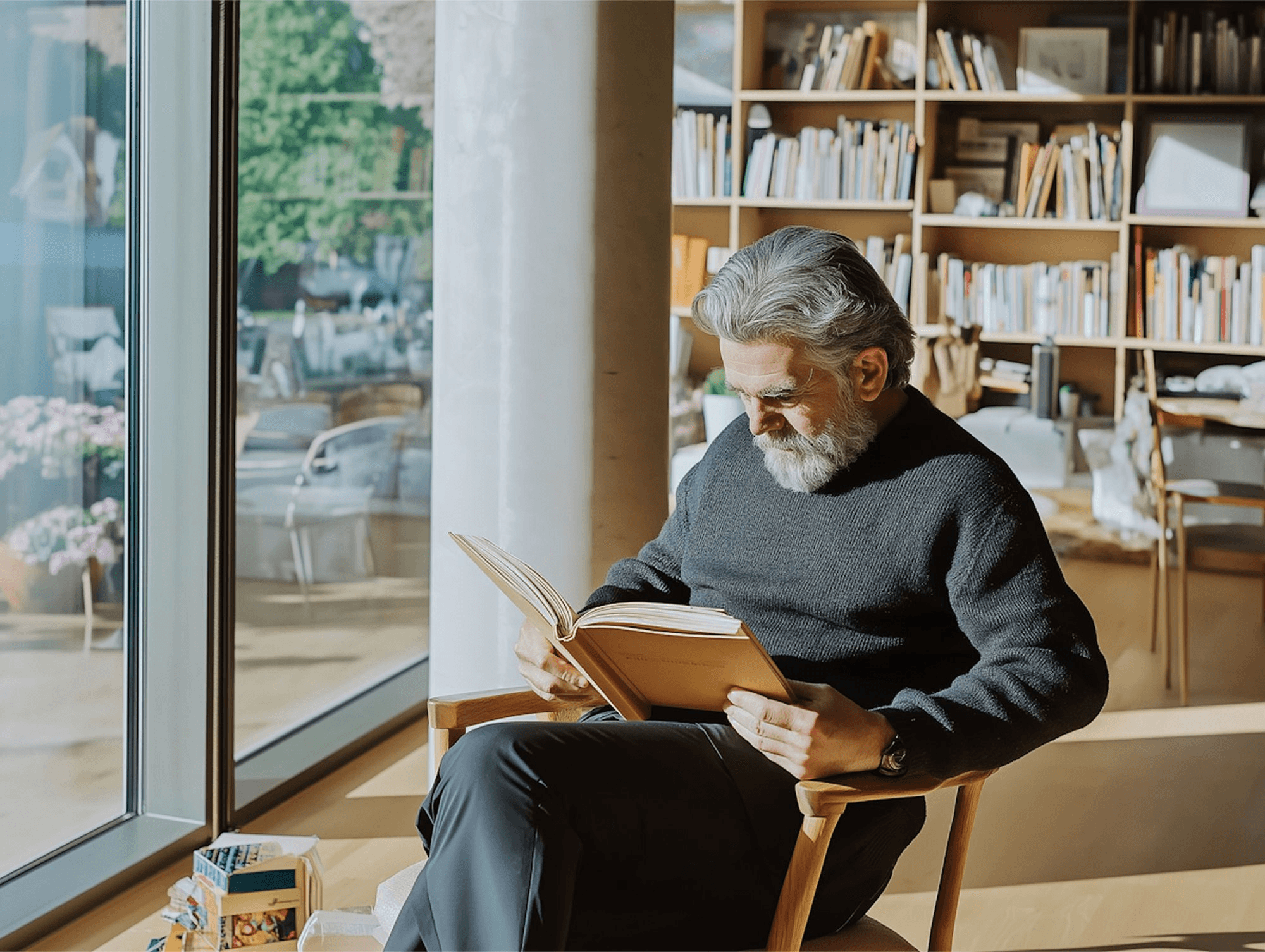 An elderly man with a gray beard, wearing a dark sweater, sits in a sunlit room with a wooden bookshelf filled with books, intently reading a book in his hands.