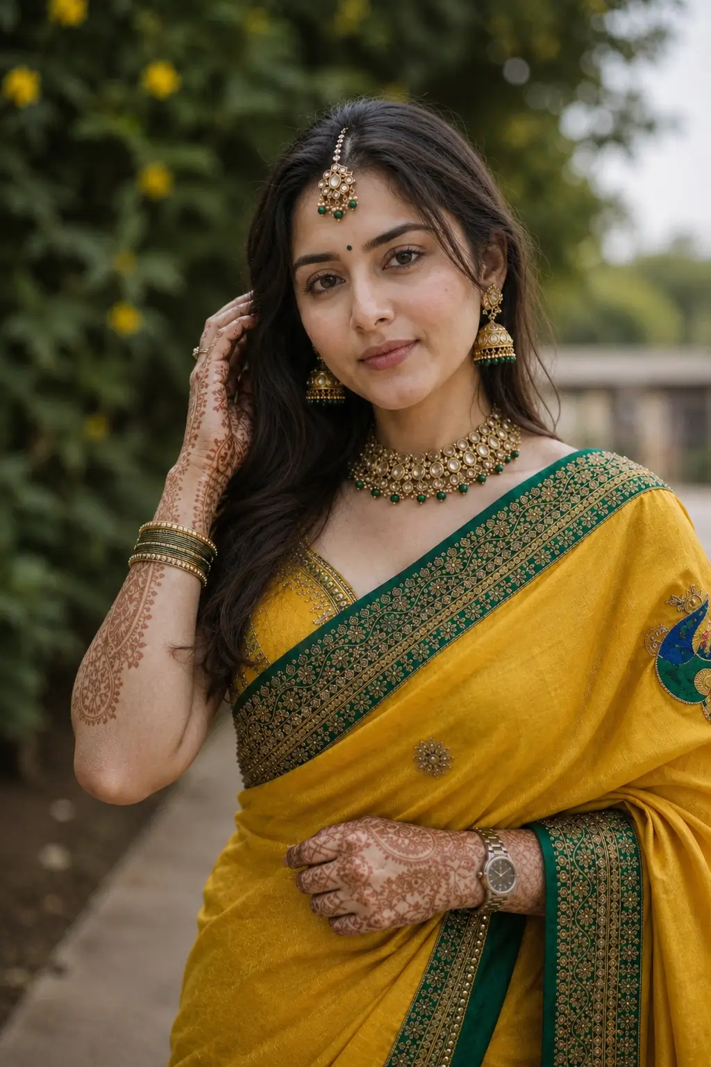 AI-generated festive portrait of a woman wearing a colorful saree and traditional jewelry in an outdoor setting.