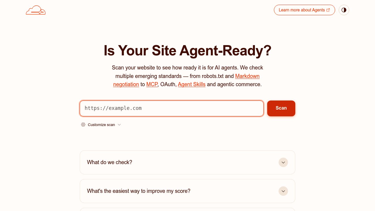 Cloudflare's Is It Agent Ready tool showing agent readiness score and audit checks for a website