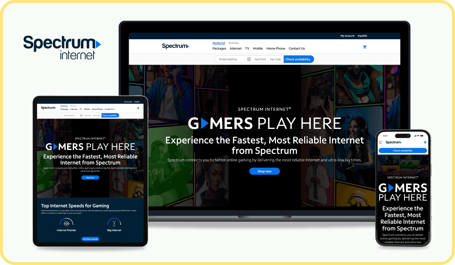 Spectrum Internet for Gamers Redesign in different device breakpoints